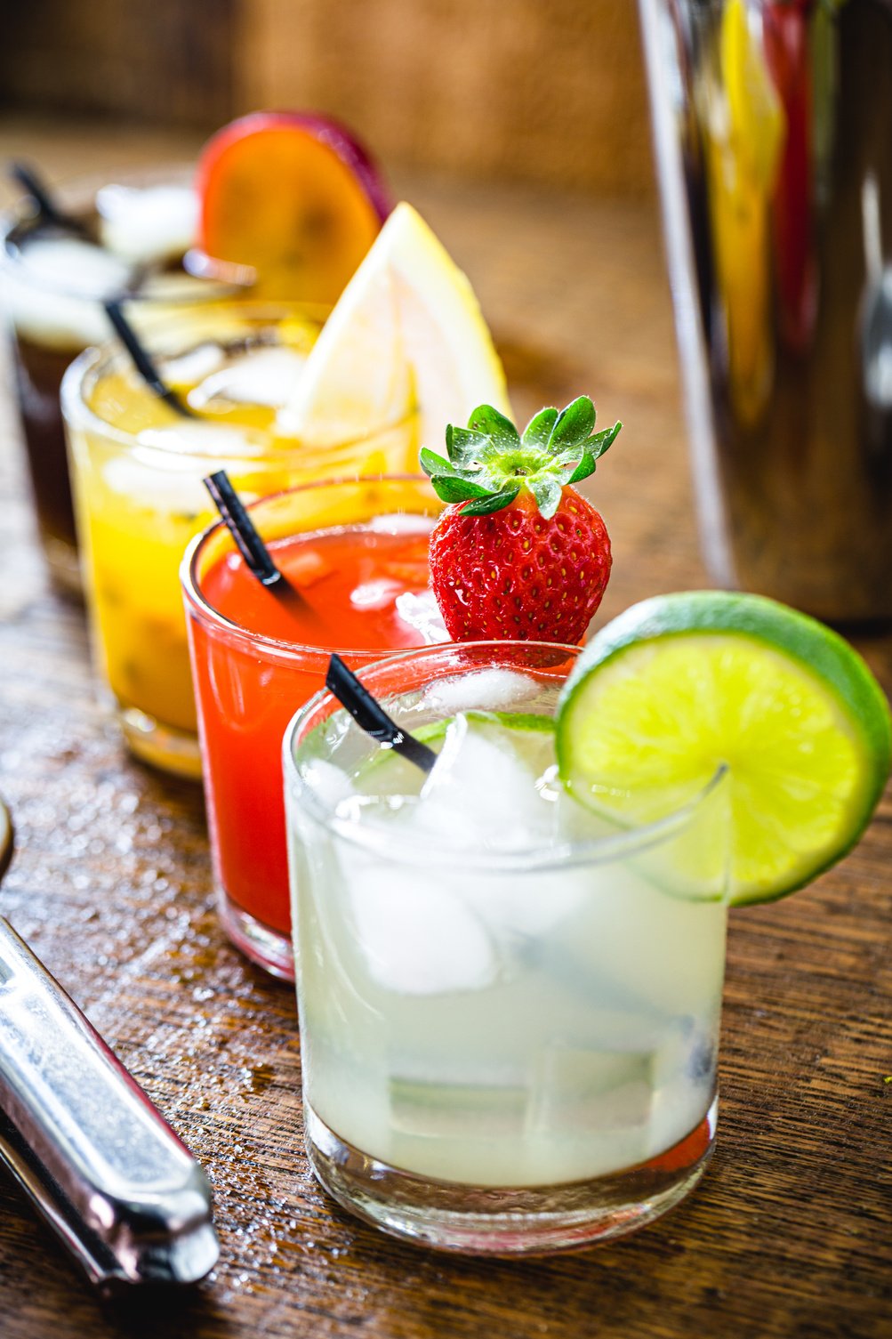 Brazilian drink known as caipirinha, made from cachaça with fruits. Watermelon, strawberry, lemon, peach and plum flavors